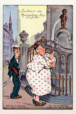 Manneken-Pis statue in Brussels, comic postcard (colour litho)