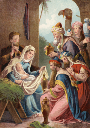 Nativity of Jesus Christ, with Three Wise Men (chromolitho)