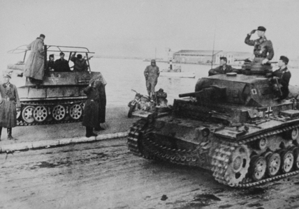 After the capture of Salonika, German tanks march in front of their leader 1941 (b/w photo)