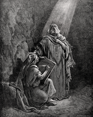 Jeremiah (650-585 BC) dictating his prophecies to Baruch. Engraving.
