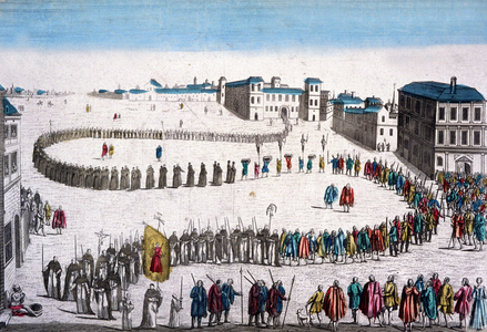 Big procession of Inquisition in Lisbon, french engraving, 18th century