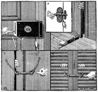 A burglar activating a basic home security locking system, 1850