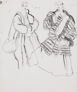Modelling two coats, 1977 (ink & charcoal on paper)