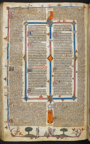 A bas-de-page scene of a man with a stick following another on horseback
