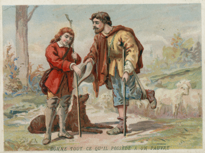 St Vincent de Paul as a child, giving all his money to a poor man (chromolitho)