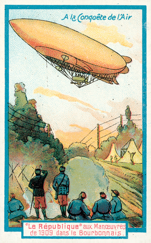 French military airship La Republique at manoeuvres in the Bourbonnais, 1909 (chromolitho)