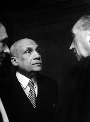 Henry Lemery Former Minister of Colonies of the Vichy Government Appearing Before the High Court of Justice in Versailles Here Accused him Conversing With His Defendant Me Jacques Charpentier (Batonnier) March 21, 1947 (b/w photo)