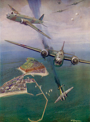 Wellington bombers over Heligoland (colour litho)