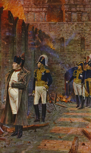 Napoleon Bonaparte watches as the Kremlin burns in Moscow (colour litho)