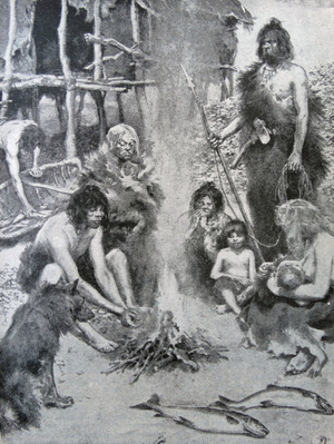 Painting depicting a family group in the Stone Age