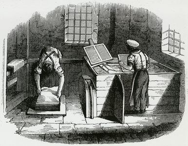 Making paper by hand by sieving pulp in forms. Engraving 1845.