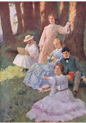 Jo pointed, and Laurie set up to examine, from Little Women published by Associated Newspapers Limited, c.1940 (colour litho)