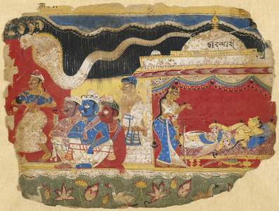 The Infant Krishna Spirited Away by Vasudev, page from the Dispersed Bhagavatapurana manuscript, c.1520-30  (opaque w/c on paper)