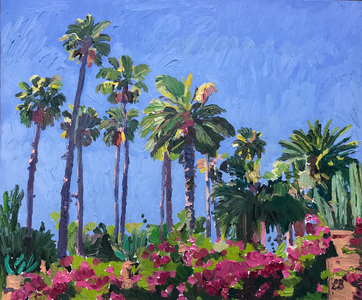 Palms and Pink Flowers, 2019 (oil on board )