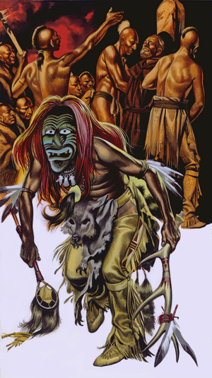 Native American Indians tying a priest to the stake (gouache on paper)