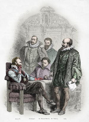 Henri 4 et ses ministres, theodore agrippa d'Aubigne, Du Plessis Mornay, Nicolas de Neuville De Villeroy et Sully (Engraving)
