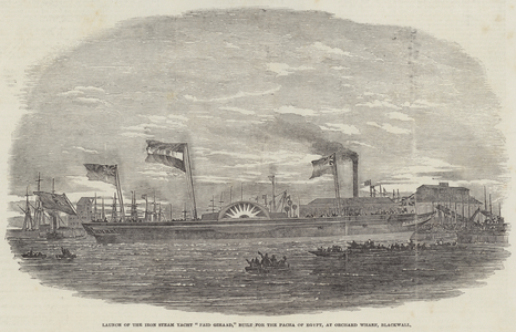 Launch of the Iron Steam Yacht "Faid Gihaad," built for the Pacha of Egypt, at Orchard Wharf, Blackwall (engraving)