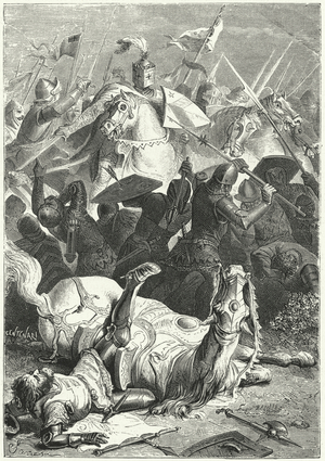 Capture of the severely wounded Margrave Ezzelino III da Romano at the Battle of Torricella, 1259 (engraving)