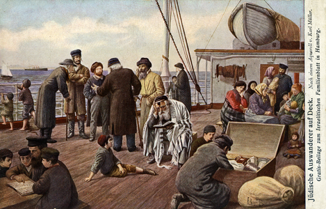 Jewish immigrants on deck of boat heading to USA, 19th century (postcard)