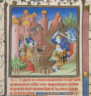 Cotton Nero E II pt.1, f.222, Battle of Louis VII and his father, from Grandes Chroniques de France, 1415 (vellum)