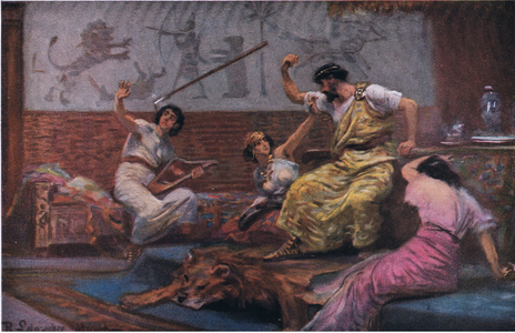 Saul casts his javelin at David, from Hulbert's Story of the Bible published by The John Winston Company, 1932 (colour litho)