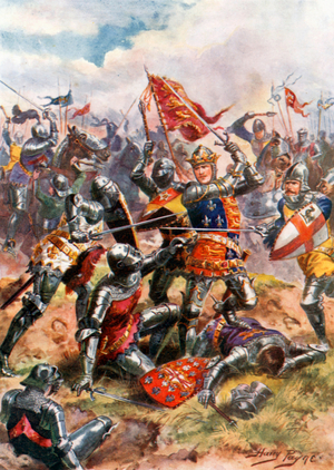 King Henry V Fights with Heroic Valour. Battle of Agincourt (colour litho)