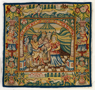 
Tapestry cushion cover depicting Susannah before Judge (one of set of six Sheldon Tapestries, comprising 47.9 to 47.14), made in Sheldon, England, if genuine, 16th century (wool)