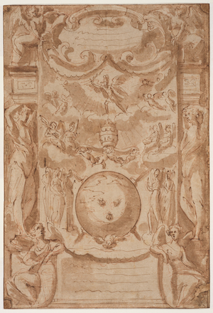 Design with the Barberini arms of Pope Urban VIII, c.1630 (red chalk, pen and brown ink, brown wash on laid paper, with brown ink framing lines partly trimmed away, laid down on card)