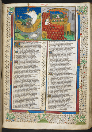 Miniature of a knight in a boat drawn by a swan; miniature of a mother in bed, with seven children in a cradle, with a full bar and foliate border, Chanson of the Chevalier au Cygne, from 'Shrewsbury Talbot Book of Romances', Royal 15 E VI, f.273r, c.1445 (vellum)