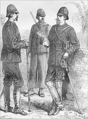 Vietnam / France: General Edouard Ferdinand Jamont (1831-1918), first commander of the Tonkin occupation division, confers with two French officers