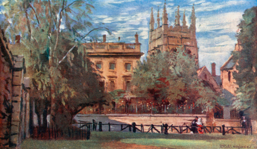 Corpus Christi College and Merton Tower, from Christ Church Meadows (colour litho)