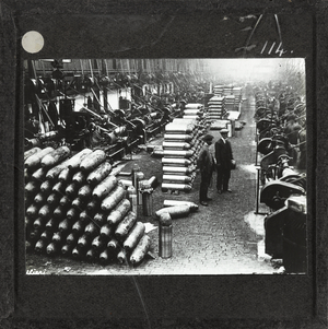 Shell production at Sir Robert Hadfield Ltd in Sheffield, 1914 (lantern slide)