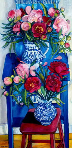 Diptych with Peonies and Lilies I 2006 (oil on canvas)
