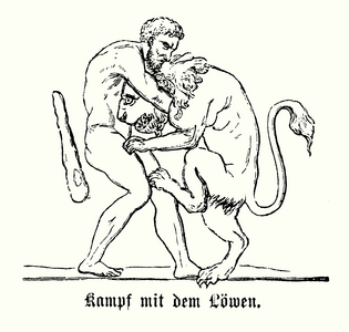 Heracles battling the Nemean Lion (engraving)