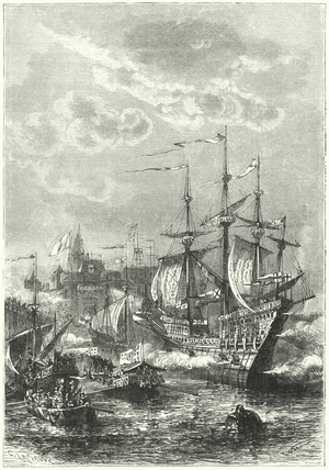 Henry VIII and the English fleet landing at Calais, 1544 (engraving)