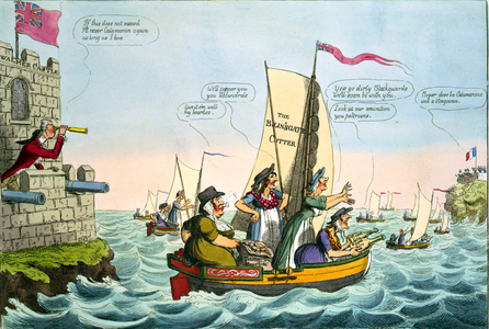 A New Catamaran Expedition' 1805. William Pitt the Younger, British Prime Minister, peers to where Napoleon's army waits for French ships to cross Channel to poorly defended England. Napoleon thwarted by blockade of French ships. 