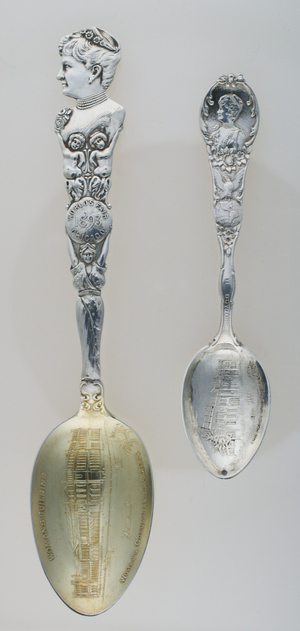 World's Columbian Exposition souvenir spoons (including one with image of Bertha Palmer), 1893, Silver, No label