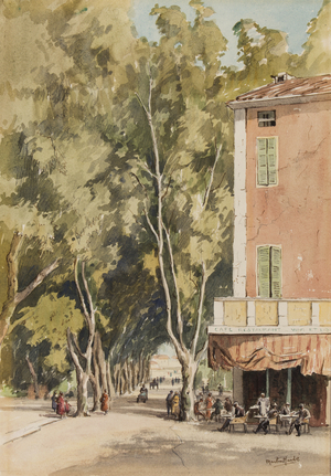 'An avenue of plane trees, Vaison', Vaucluse, October 1933 (ink & w/c on paper)