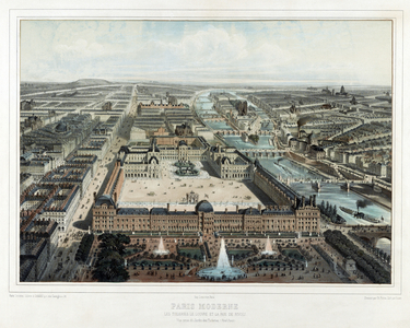 Paris Moderne - Les Tuileries, le Louvre, et la rue de Rivoli, vue prise du Jardin des Tuileries (Nord-Ouest), pub. 1850 (colour lithograph)
