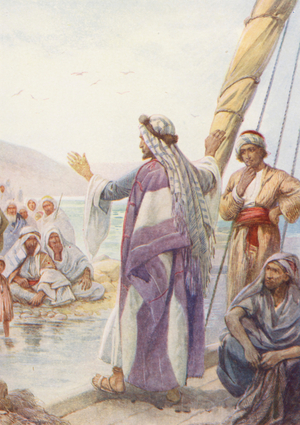 Jesus teaching from a Boat (colour litho)