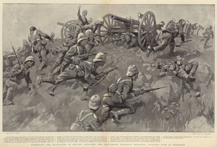 Upholding the Traditions of British Infantry, the Derbyshire Regiment retaking Captured Guns at Hekpoort (litho)