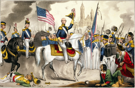 Mexican-American War 1846-1848: General Winfield Scott, commander of the US Army of the North, making a triumphal entry into Mexico City on a white charger, 14 September 1847. Print c1848. Flag Stars-and-Stripes Mexico