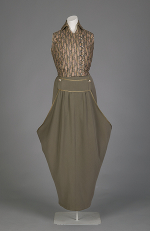Setting-out ensemble, 1914 (front view), Wool gabardine, silk brocade, silk braid, porcelain buttons, silk thread tassel, Marshall Field & Co.