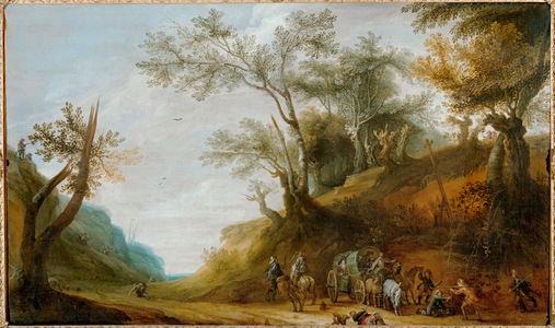 An attack by bandits upon a stage coach (oil on canvas)