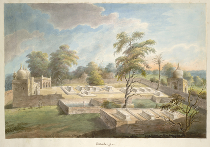 A Muslim graveyard with adjacent mosque