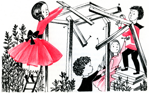 children build a cabin, in The Holidays of the Countess of Segur, 1969 (illustration)