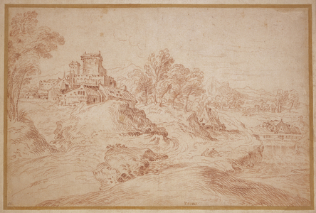 Landscape with a castle, 1716-18 (red chalk on buff laid paper, laid down on cream laid card)