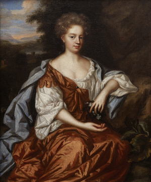 Portrait of a Lady wearing an ochre silk gown, seated in a landscape (oil on canvas)