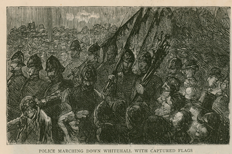 The Riot in Trafalgar Square: Police marching down Whitehall with captured flags (engraving)