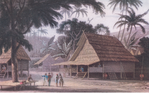 A Malayan village (Picturesque Voyage to India by Way of China 1810), from British Adventure published by Collins, 1947 (colour litho)